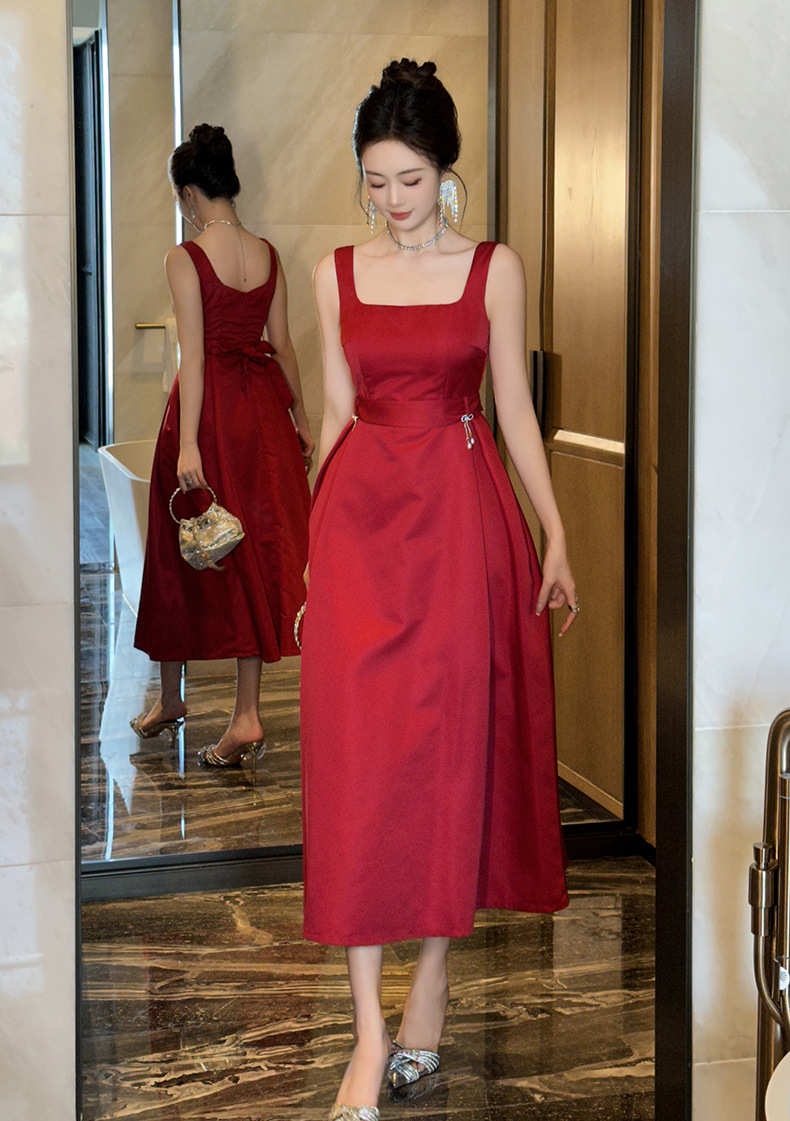 Đầm nữ cổ vuông thắt eo phồng tay bồng mùa hè — Màu đỏ chi tiết 9