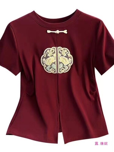New Chinese style straight shoulder loose short sleeves slimming design, national style, Chinese style, new style, contrasting color, all-match top, trendy