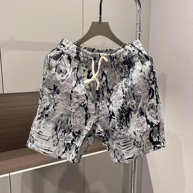 Summer new design floral casual shorts men's fashionable all-match loose blue and white porcelain cropped pants casual pants