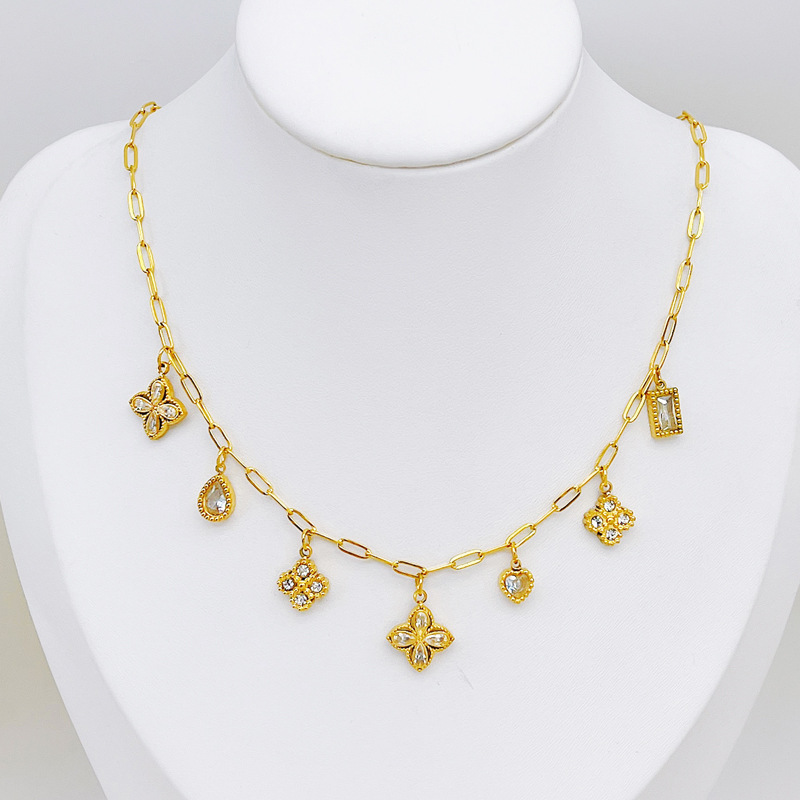 Vierblättriges Kleeblatt Collier Mit Quadratischem Kristallanhänger_voghion.com