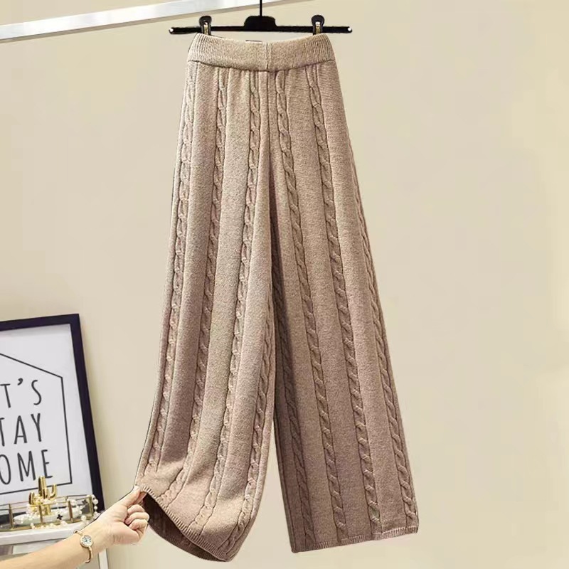 Women's Clothing Retro twisted knit wide leg pants for women autumn and winter new high waist slim loose straight mopping pants casual trousers thick_voghion.com