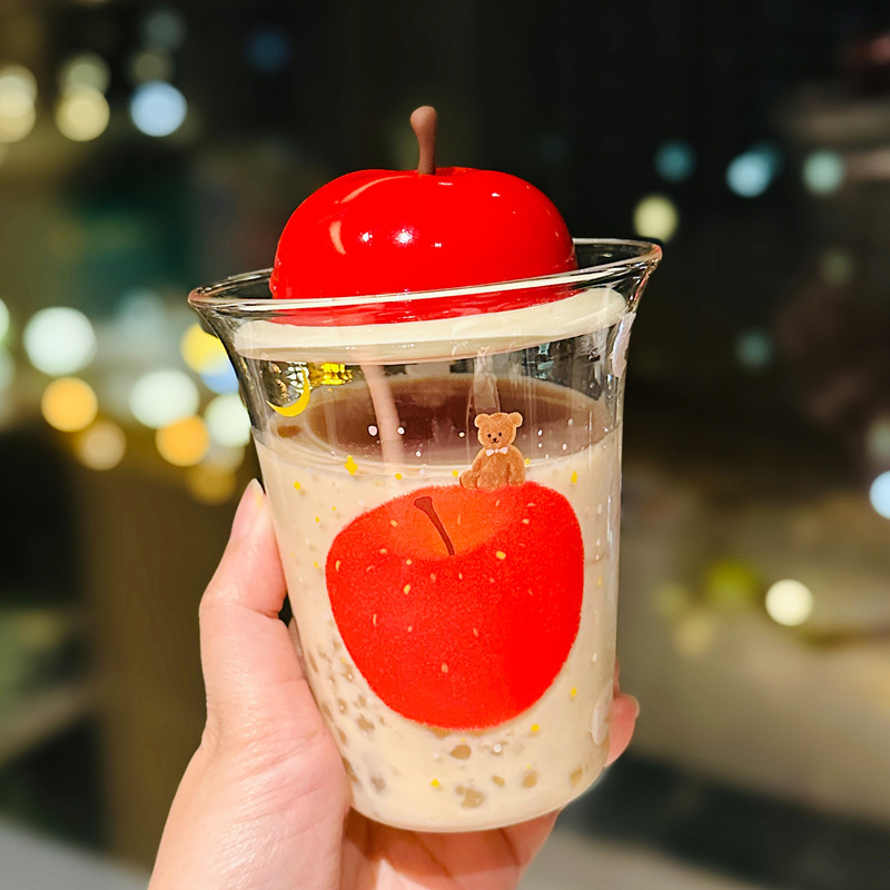 卡通苹果高硼硅玻璃杯带盖可爱家用水果吸管杯耐高温马克杯伴手礼|undefined