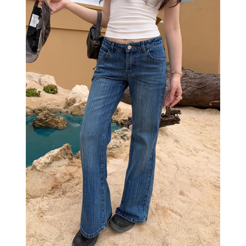 Original Popchee 1 Super Retro Blue Heavy-Duty Bamboo Pattern Low-Waist Wide-Leg Jeans with Good Fit~