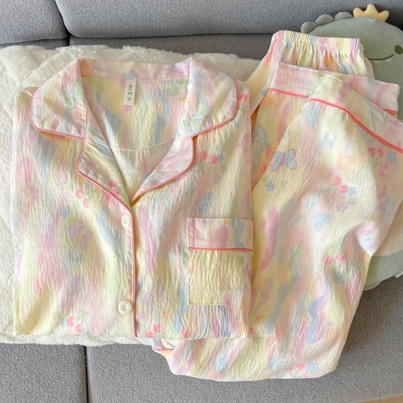 Ins Sweet Tulip Pajamas Women's Spring Autumn Summer Long-Sleeved Cloud Pure Cotton Gauze Smudged Girl Home Clothes Ins Sweet Tulip Pajamas Women's Spring Autumn Summer Long-Sleeved Cloud Pure Cotton Gauze Smudged Girl Home Clothes
