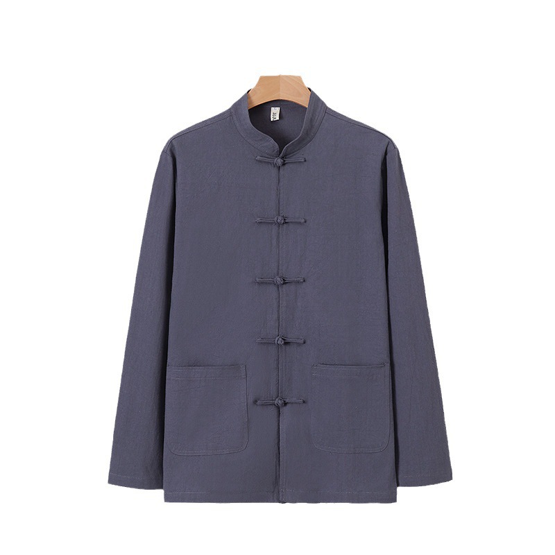 Primavera y otoño Nuevo estilo chino retro para hombres Camisa de lino de estilo chino Camisa de manga larga con hebilla de algodón y lino para hombres con cuello alto Traje Tang image 6