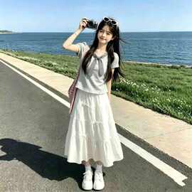 女童短袖T恤上衣新款夏季儿童甜美公主风蛋糕裙中大童夏装两件套