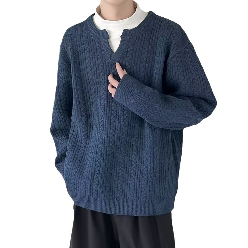 Pull décontracté en tricot à col en V pour homme - Mélange de coton doux, coupe ample, pull chaud pour l'hiver, élégant et confortable pour les adolescents et les jeunes adultes._voghion.com