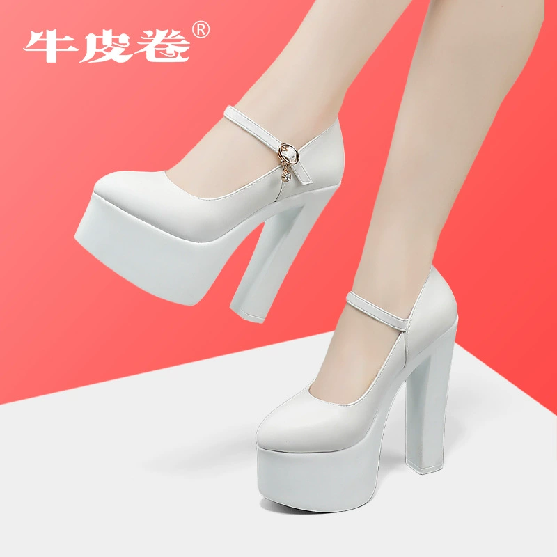 Белая Водонепроницаемая платформа с пряжкой на высоком каблуке, Женская Толстая пятка, чонсам, подиум, Рабочая обувь с мелким ртом, кожаная обувь больших размеров, весна и осень
