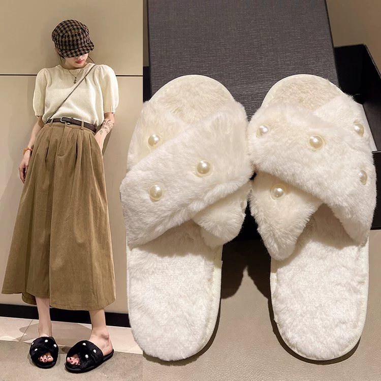 Женские тапочки в европейском и американском стиле, новинка 2025 года, на плоской подошве, с жемчугом и перекрестными завязками, меховые, а также женские тапочки из хлопка однотонного цвета для внешней торговли.