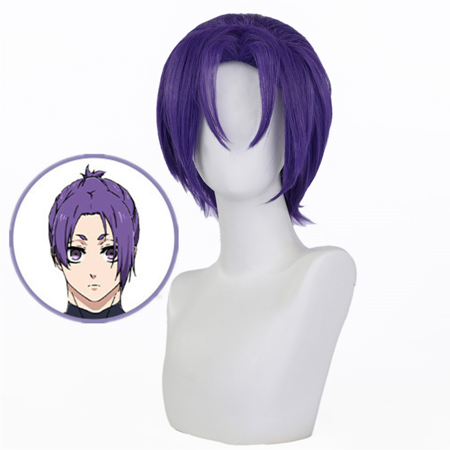 Anime peluca Cosplay prisión azul sombra real Ling rey peluca cubierta de la cabeza púrpura medio-longitud Pelo Corto capa