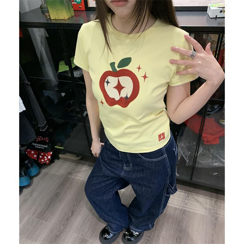 [40 imitation cotton] Apple Embroidered Round Neck T-shirt Women's Shoulder Slim Short Top Yellow American Style