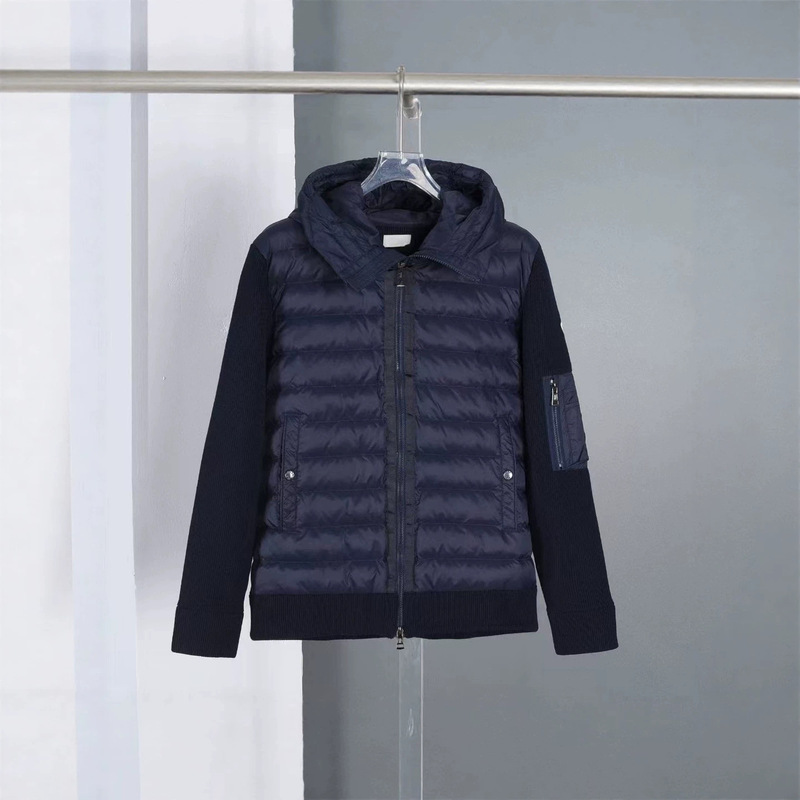 New Moncler M05 wool knit patchwork down jacket, padded, with zipper, hood, and long sleeves, style 163, lightweight cardigan New Moncler M05 wool knit patchwork down jacket, padded, with zipper, hood, and long sleeves, style 163, lightweight cardigan