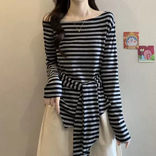 大码绑带气质不规则开叉长袖T恤女春秋新款修身显瘦收腰外穿上衣