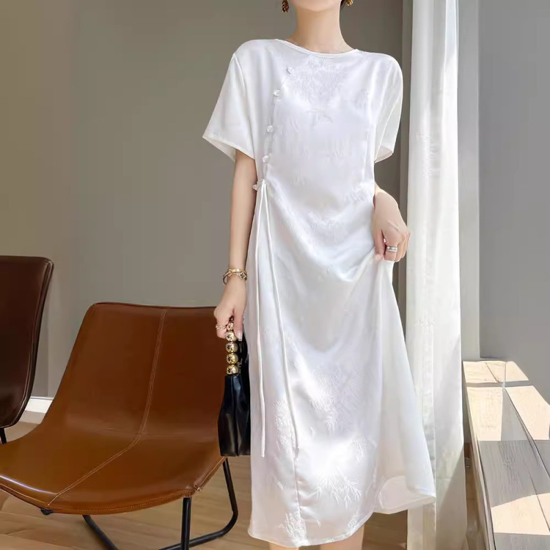 Silk Cheongsam Modified Dress for Women, Mid-Length, 2024 Summer, Slim Fit, Slit Dress, Tencel Mulberry Silk