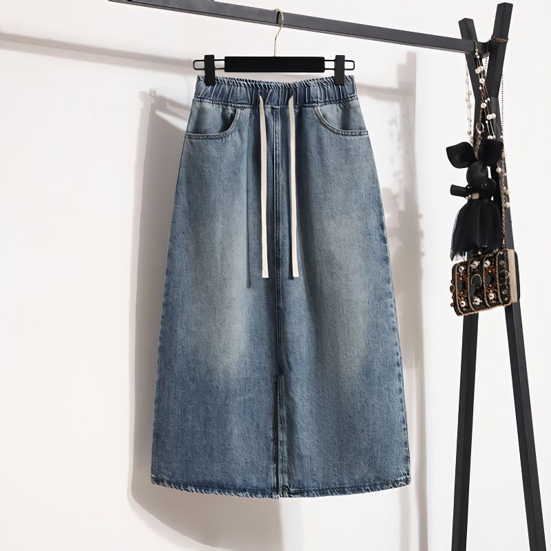 Plus Size Women's Clothing 2024 Spring And Summer New Style FAt Sister Age-reducing ElAstic WAist A-line Slit Hip-covering Denim Skirt