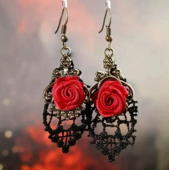 New Gothic All-match Dark Rose Earrings Women's European and American Cross-border Alloy Silk Flower Earrings
