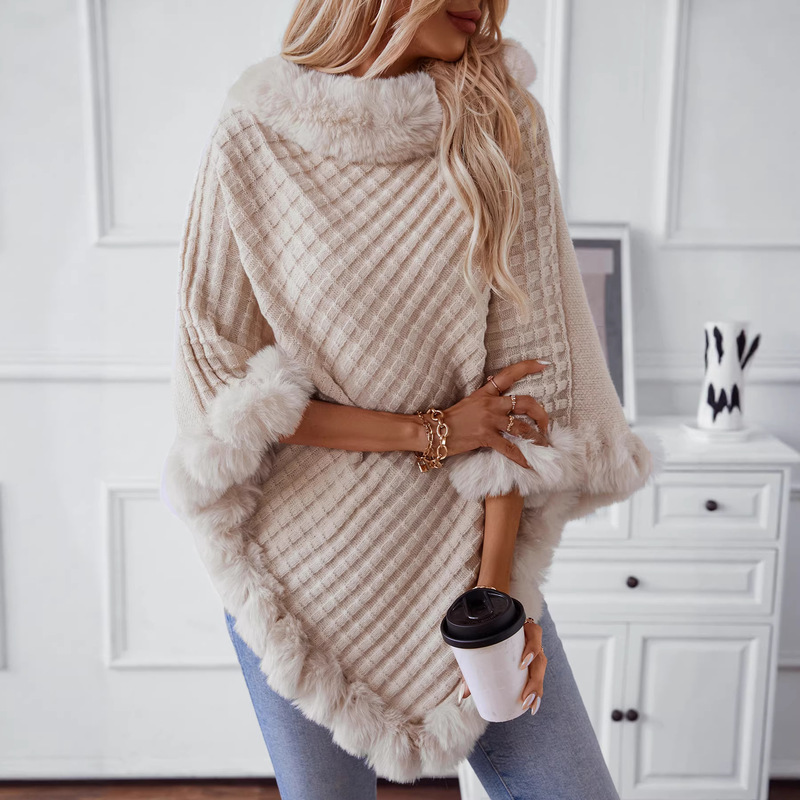 Fuzzy Solid Color Fur Collar Pullover European and American Style Sweater for Women, New Autumn and Winter Thick Retro Plaid Knitted Cape Shawl