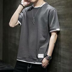 半袖tシャツ男潮牌ファッション服夏紳士服半袖丸首学生思いやり偽2枚純色半袖