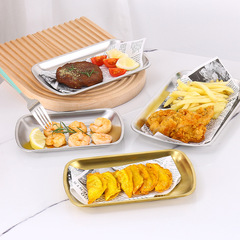 304不鏽鋼長方形燒烤盤子腸粉水餃盤菜盤平盤商用創意金色小吃碟