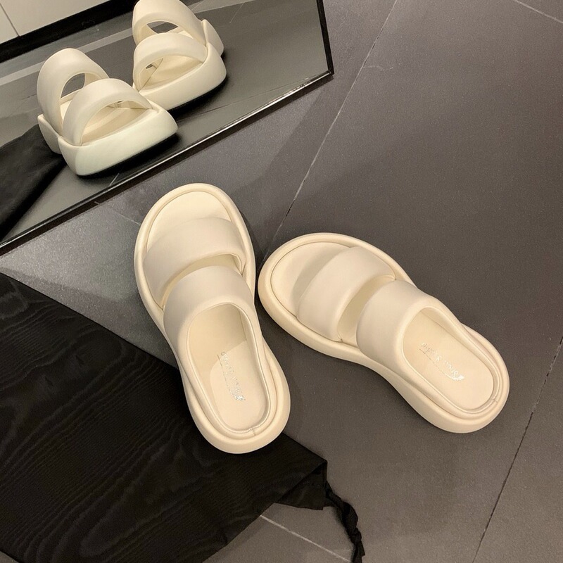 [Jasya] Cloud Bubble ~ Summer Soft Leather Double-Strap Bread Casual Thick-Soled Heightening Slippers for Women