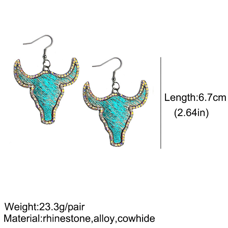 1 Paire Style Cow-boy Bull Tête Alliage Cuir Incruster Strass Femmes Boucles D'oreilles display picture 1