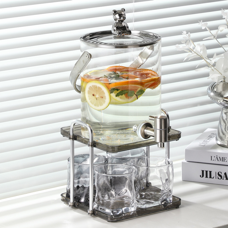 Silver Bear Glass Cold Water Kettle with Faucet Large Capacity Bucket Water Cup Set Household Fruit Tea Drink Bucket Silver Bear Glass Cold Water Kettle with Faucet Large Capacity Bucket Water Cup Set Household Fruit Tea Drink Bucket