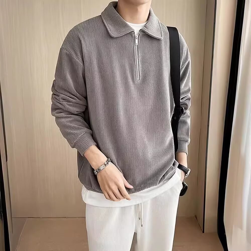 Half-Zip Polo Shirt Sweatshirt Men's Spring & Fall Trendy Brand Handsome Street Style Light Mature Style Youth Stripesd Lapel Top
