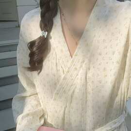 米白碎花长袖系带长款睡袍女韩系温柔春秋居家睡眠家居服批发