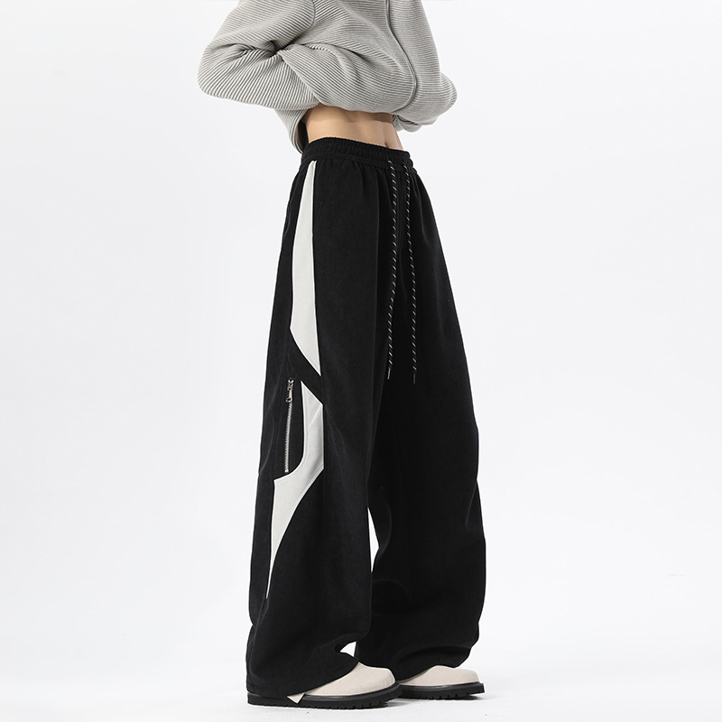 American-style Color-blocking Casual Sweatpants For Men, Spring Autumn Cleanfit Loose Straight-leg Pants, Trendy And_voghion.com
