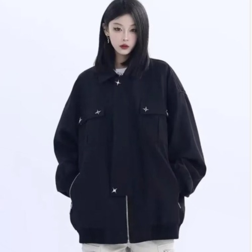 Long-sleeve Harajuku Jacket, Solid Color, Literary Spring and Autumn Outerwear, Trendy Collar, Youthful and Popular Men's Zipper Standard Simple