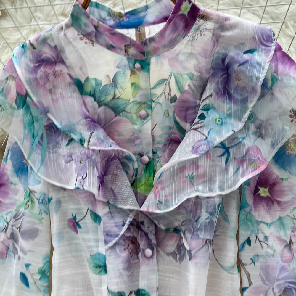 Women's French Retro Floral Print Two Piece Skirt Set Stand Collar Lantern Sleeves Slimming Maxi Skirt Autumn Style_ecoleips.com
