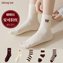 袜子女秋冬款安可拉红中筒袜透气吸汗蝴蝶结韩版甜美百搭女袜批发