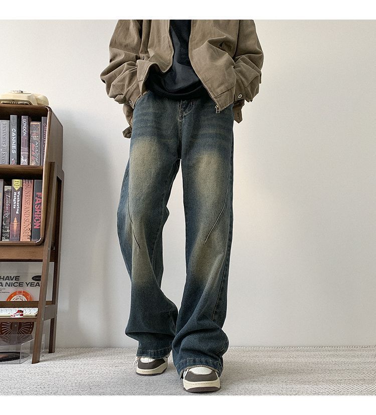 Men's High Street Cleanfit Vintage Washed Denim Jeans - Relaxed Fit Straight Leg Trousers For Casual Wear​_mkmklike.com