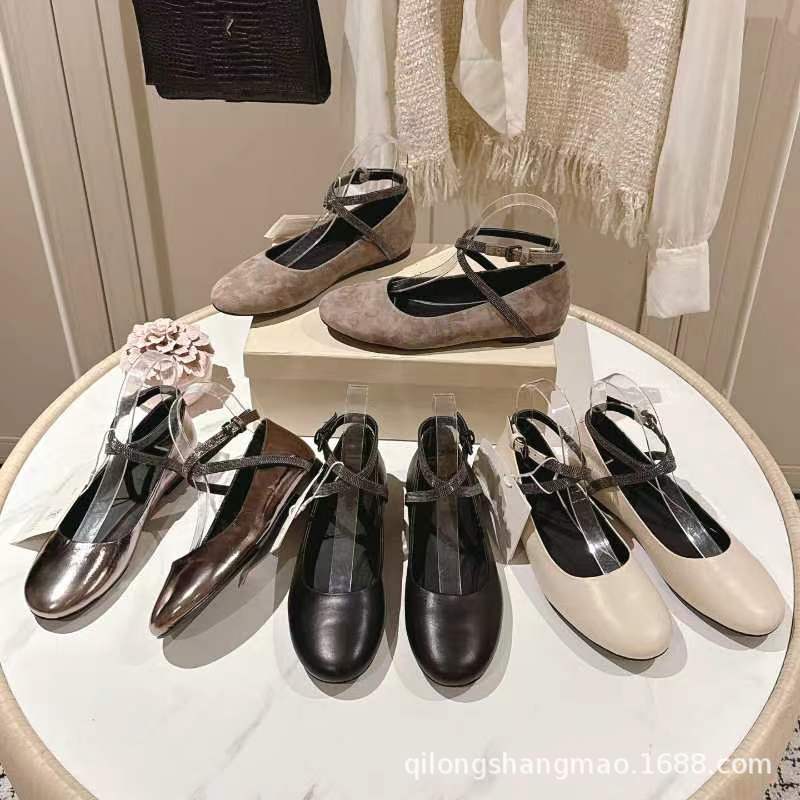 高端品质2025新款真皮圆头浅口平底手工串珠脚腕扣带芭蕾舞鞋单鞋|undefined