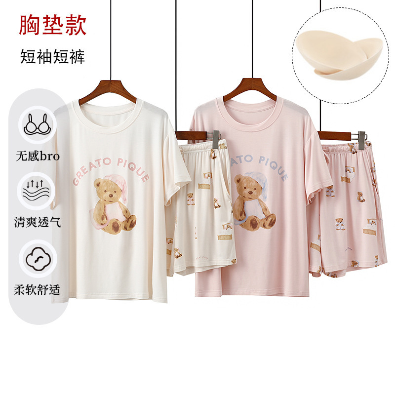 Breast Pad Summer Thin Modal Women's Pajamas Cartoon Print Breathable Skin-Friendly Soft Home Wear Short-Sleeved Shorts