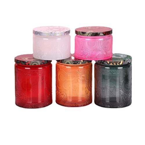 250ml Round Engraved Candle Holder DIY Romantic Decor Candle Container Colorful Glass Candle Cup with Lid
