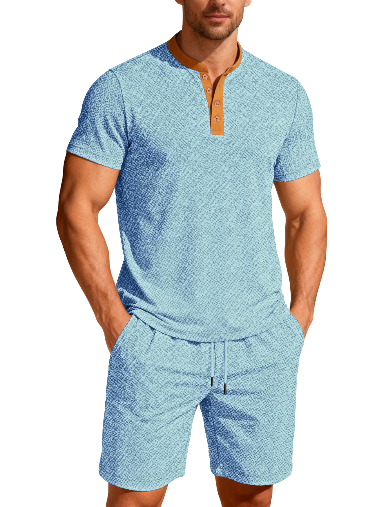 Nuevo comercio exterior transfronterizo de Europa y América verano hombre casual color redondo botón de cuello corto manga corta moda pantalones cortos hombre conjunto