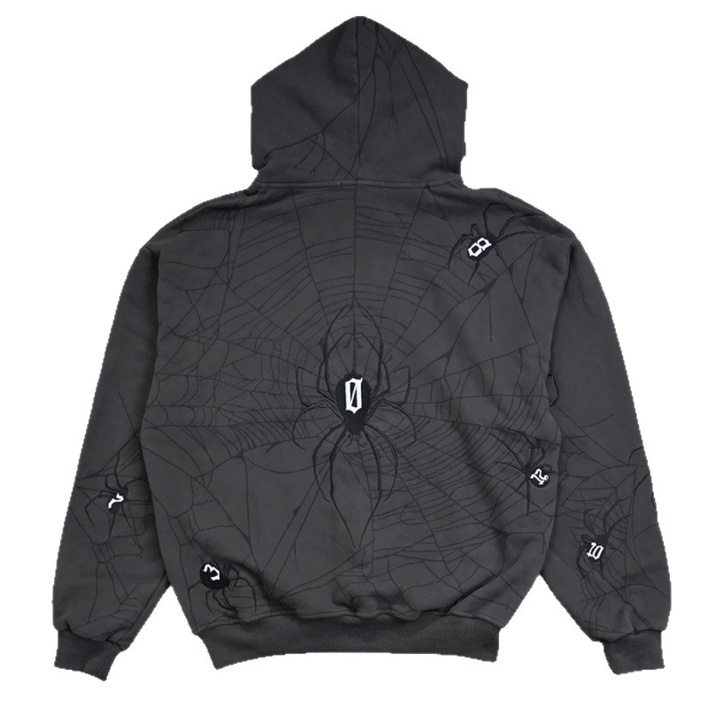 Punk Street Hoodie – Gotische Spinnenweb & Letter Print, Oversized Unisex Trui Voor Hiphop & High Street Mode_voghion.com