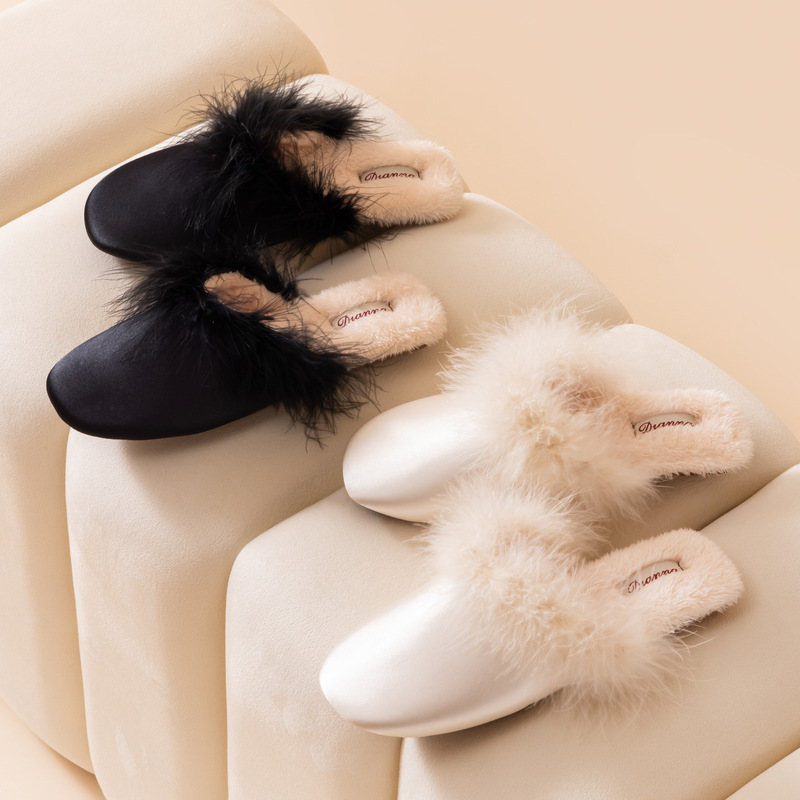 Light Luxury Ins-Style Feather Satin Bridal Bridesmaid Hotel Home Indoor Dressing Gown Non-Slip Closed-Toe Home Slippers Light Luxury Ins-Style Feather Satin Bridal Bridesmaid Hotel Home Indoor Dressing Gown Non-Slip Closed-Toe Home Slippers