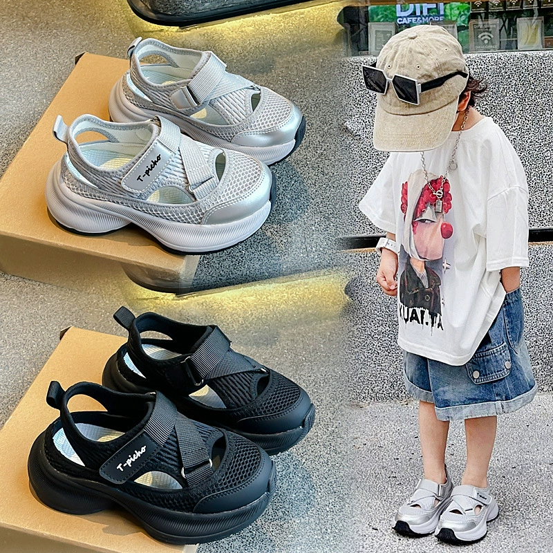 Спортивные сандалии для мальчиков, новинка лета 2024, дышащая обувь для папы с одной сеткой для девочек, детская пляжная обувь среднего и большого размера в корейском стиле