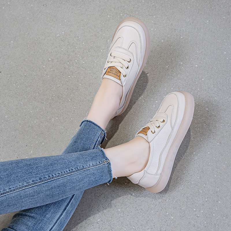 Top layer cowhide white shoes women's summer light soft bottom not tired feet plus size women's shoes 41 genuine leather flat shoes 43 board shoes