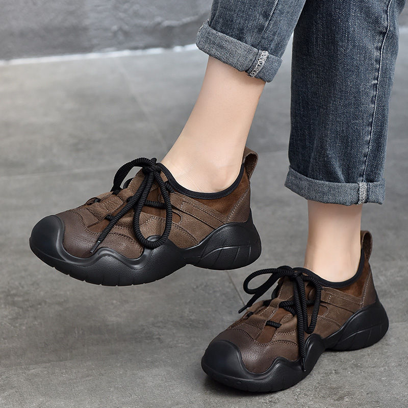 Genuine Leather Outdoor Casual Women's Shoes, Retro Niche Casual Shoes, First-Layer Cowhide Thick-Soled Low-Top Flats for Women