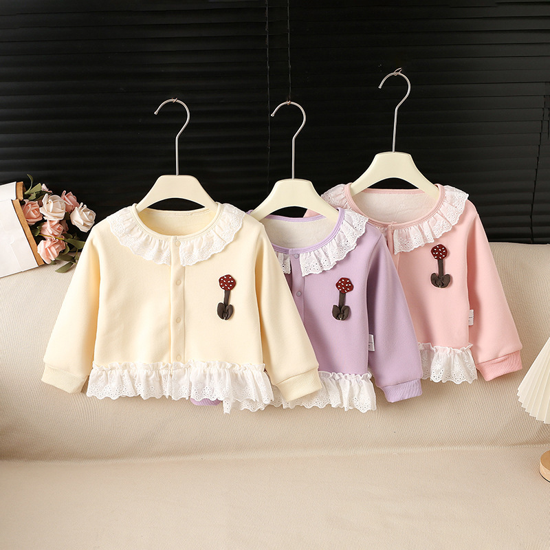 Baby girl's spring and autumn stylish princess cardigan jacket, outerwear, Korean version with 3D mushroom design Baby girl's spring and autumn stylish princess cardigan jacket, outerwear, Korean version with 3D mushroom design