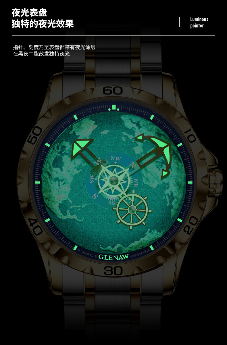 Đồng hồ nam automatic lộ máy dây thép cao cấp — Dây thép vàng Intershell, Dải thép bạc vỏ bạc chi tiết 8
