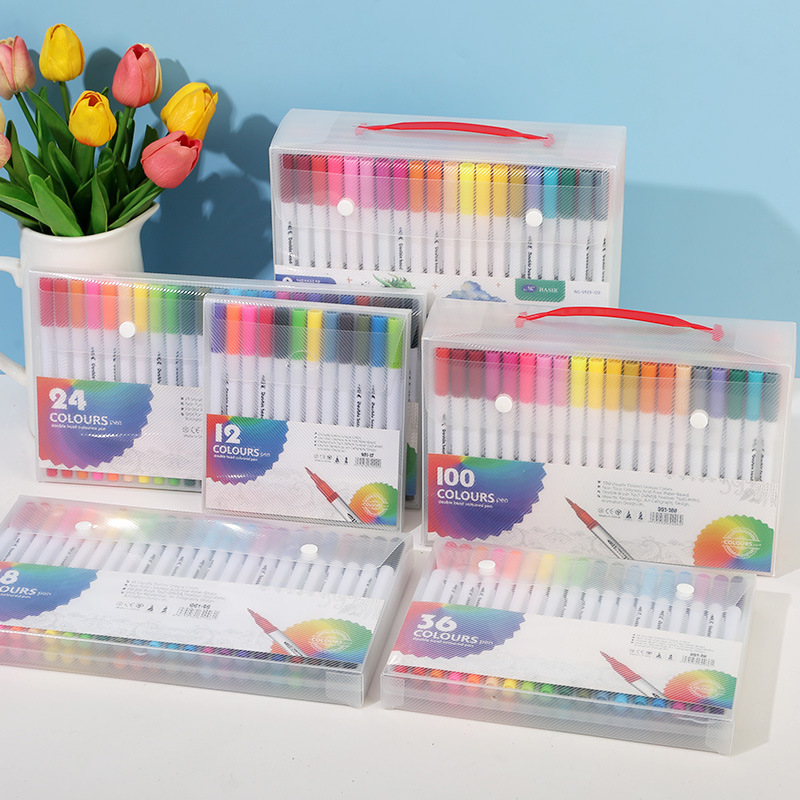 Bolígrafo de acuarela de doble cabeza en caja de pvc transfronterizo a base de agua para niños, bolígrafo de gancho de cabeza suave, pincel de pintura de anime de 120 colores