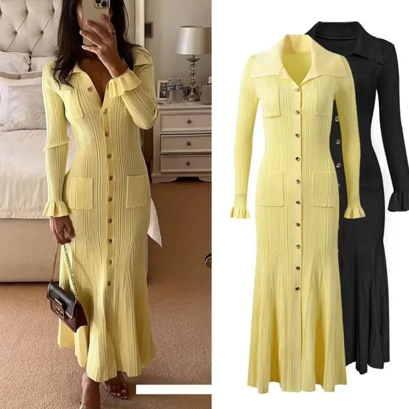 2025 Autumn/Winter New Style French Elegant High-Waisted Knitted Dress with Large Turn-Down Collar and Short Sleeves for Christmas