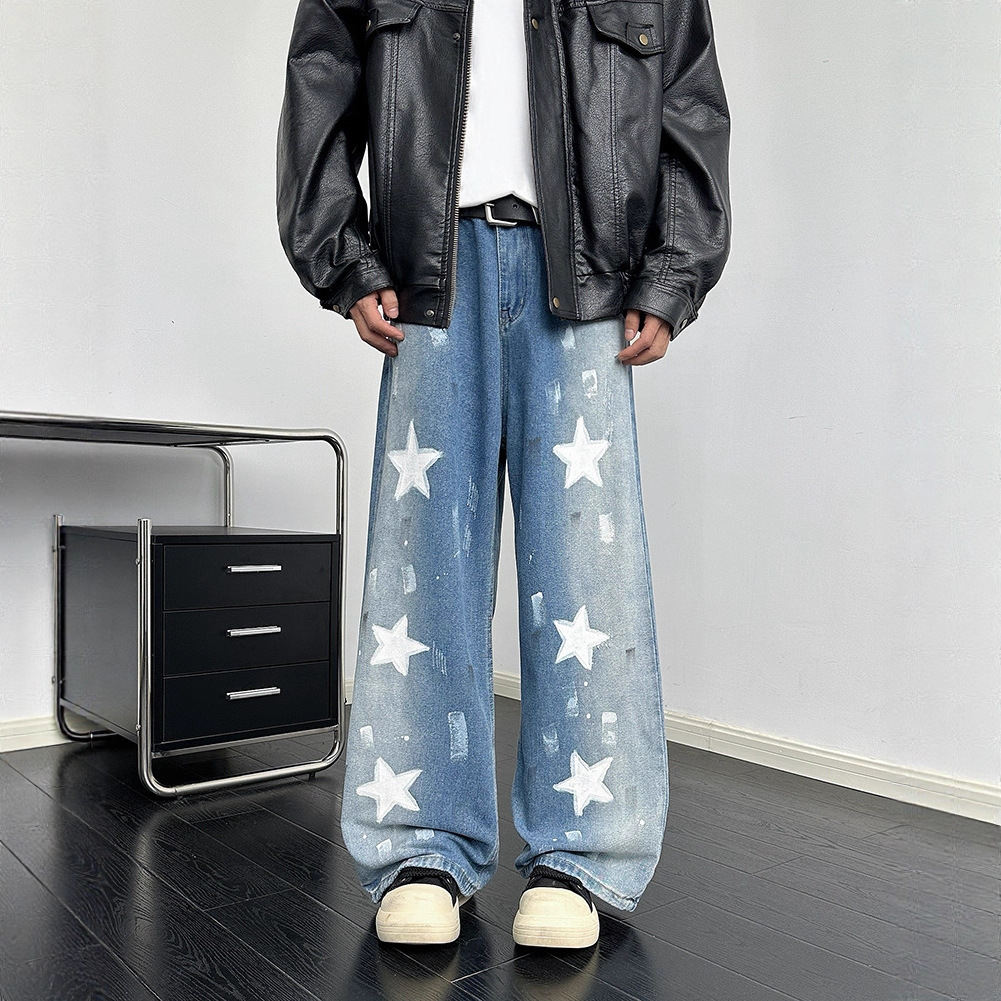 American High Street Five-Pointed Star Graffiti Jeans for Men in Summer, Handsome and High-End Scimitar Pants, Loose Straight Wide-Leg Pants
