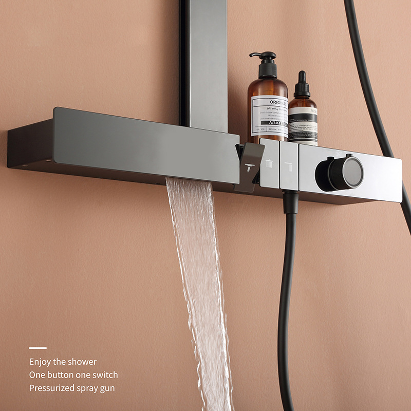 Pistola gris botón temperatura constante ducha baño alargado gran mesa de almacenamiento lluvia voladora sobrealimentada montado en el hogar traje de ducha de baño
