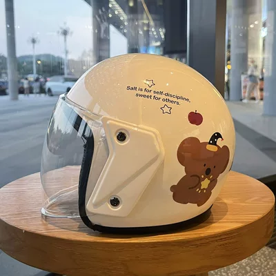 3C National Standard Certified Electric Vehicle Helmet, Men's and Women's Motorcycle Helmet, Four-Season Windproof Universal Cartoon Cute Safety Helmet (Motosiklet kaskı (dəbilqə)) - off-white-single-lens-transparent-long-lens-one-size