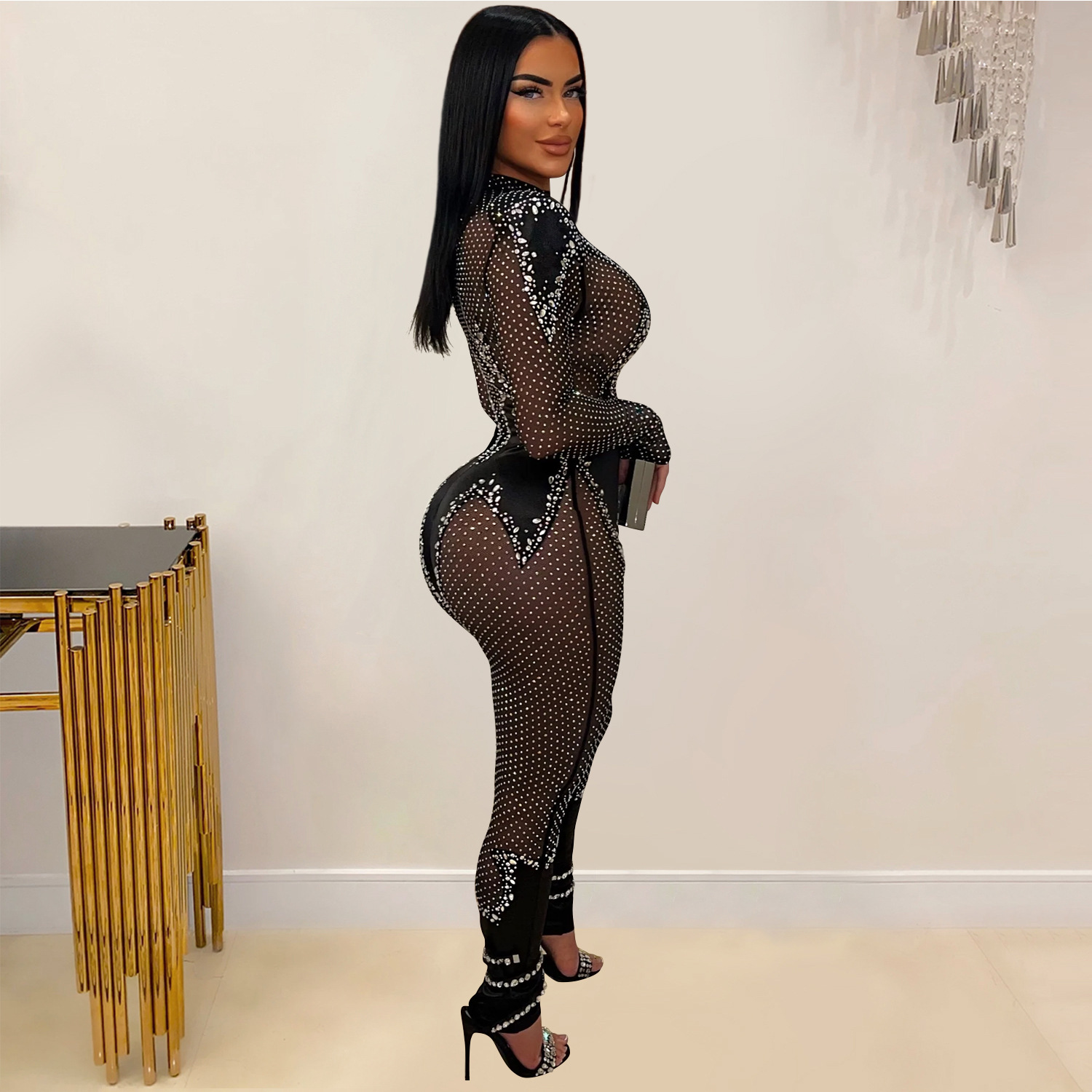 C6886 Aliexpress transfronterizo Amazon Europa y América de moda de mujer de color sólido malla de diamante pantalones de manga larga monje